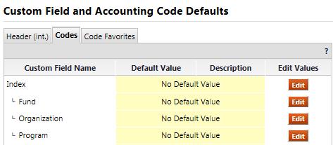 Select Custom Field and Accounting Code Defaults and click on Codes located along the top menu bar. 2.