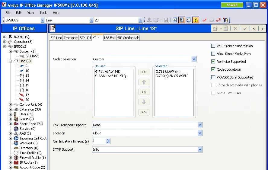 Select the VoIP tab. For Codec Selection, select Custom from the drop-down list. Retain the applicable codecs in the Selected column, in this case G.729 and the proper G.