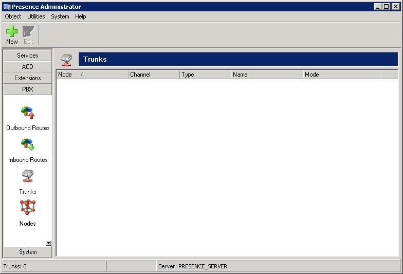 6.2. Administer PBX Trunks The Presence Administrator screen is displayed.