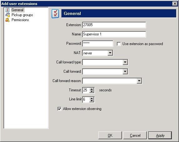 The Add user extensions screen is displayed next. Enter the following values for the specified fields, and retain the default values for the remaining fields.