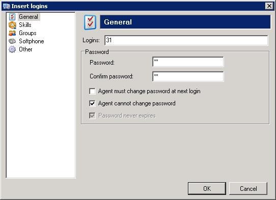 For Logins, enter a unique number to denote the agent, in this case 31.