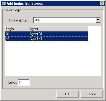 The Add logins from group screen is displayed next. Select both login entries, and enter a desired value for Level.