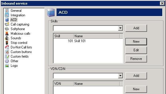 The Inbound service ACD screen is displayed again. In the VDN/CDN sub-section, click New to add a new VDN.