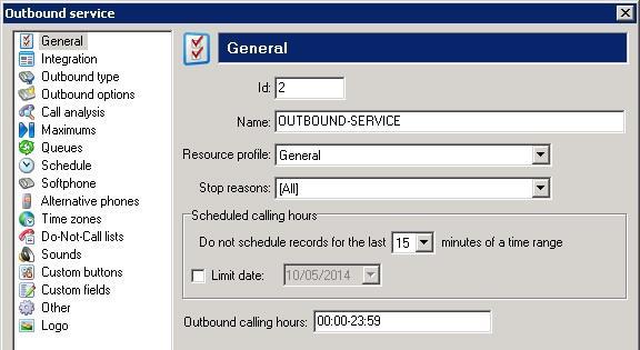 Click New to add a new outbound service. The Outbound service screen is displayed.