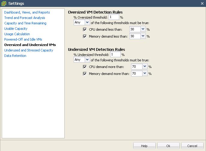 Figure 4.3.4. Oversized and Undersized Virtual Machine Detection Settings. Figure 4.3.5 provides an example of the Idle Virtual Machines List view in the evaluation environment.