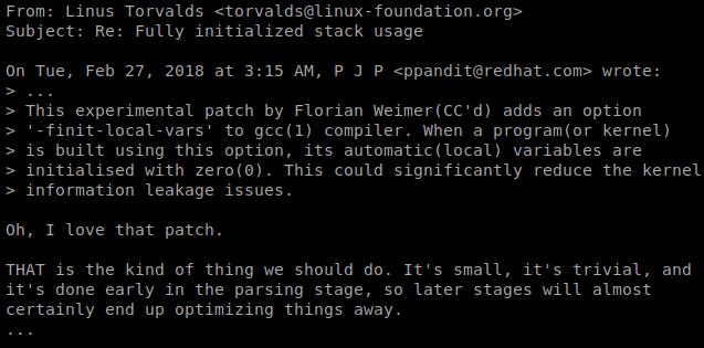 Always-initialized local variables: just do it CWE-200 Information Exposure, CWE-457 Use of Uninitialized Variable gcc -finit-local-vars not upstream Clang