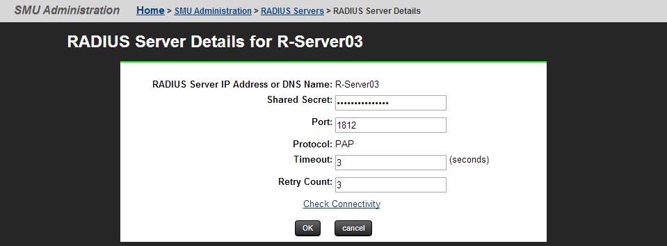 Displaying details of RADIUS server 2. Select a RADIUS server, and click details to display the RADIUS Server Details page.