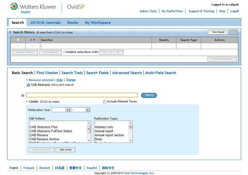 The Ovid search screen The previous screen shot shows the OvidSP search page, which offers the user a variety of searching options including