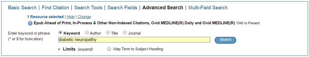Ovid MEDLINE Advanced Search With Map Term to Subject