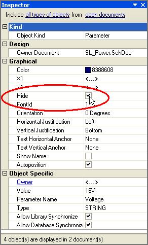 components. To access the properties of the child parameters, click on the hyperlinked Parameter name, Voltage, in the Parameters list at the bottom of the SCH Inspector panel.