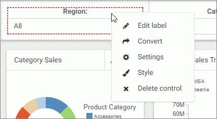 3. Working With Filters in WebFOCUS Designer Right-click a control to access shortcut menu options, as shown in the following image. The available options are: Edit label.