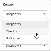 3. Working With Filters in WebFOCUS Designer 7. Optionally, change types of your controls where applicable by selecting a desired option in the Control column, as shown in the following image.
