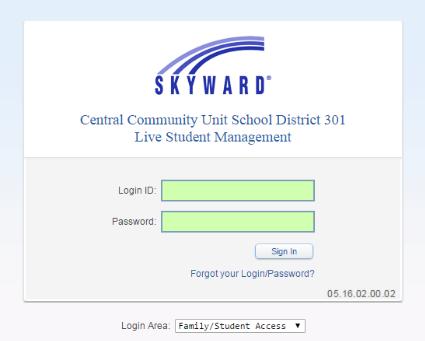 k12.il.us) and click on Parent Portal (Skyward) in the top black bar to go to Skyward. Enter your Login ID and Password in the appropriate fields.