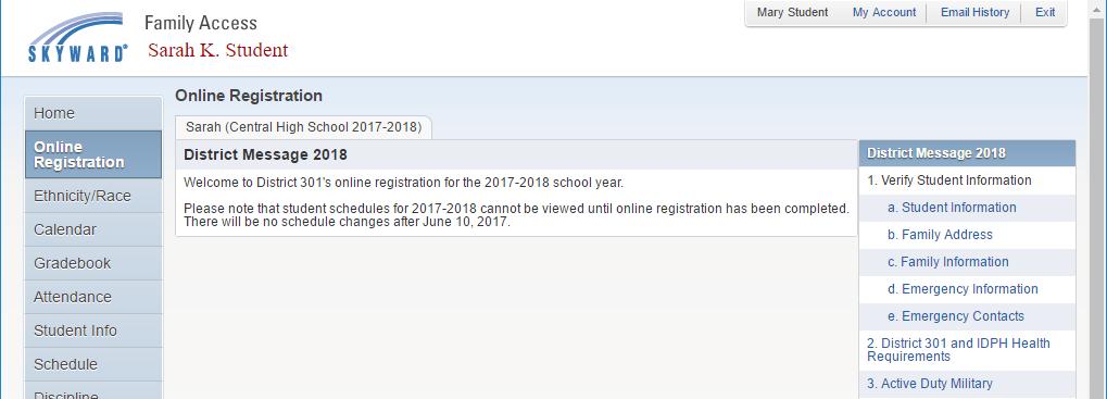 If you are completing online registration prior to our roll-over in July, your student s 2016-2017 grade and school will be reflected throughout the 2017-2018 online