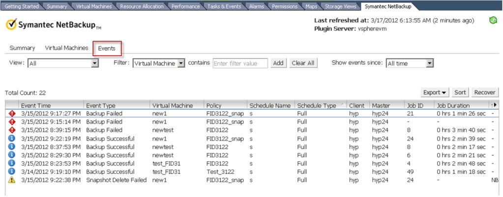 VMware events that are specific to backup operations are posted within the Events tab (Figure 3). More detailed information related to each event can be found within this tab.