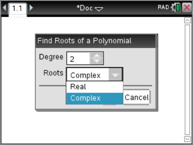 Press Menu, 3:Algebra, 3:Polynomial Tools, 1:Find Roots of Polynomial, and the template below will be shown.
