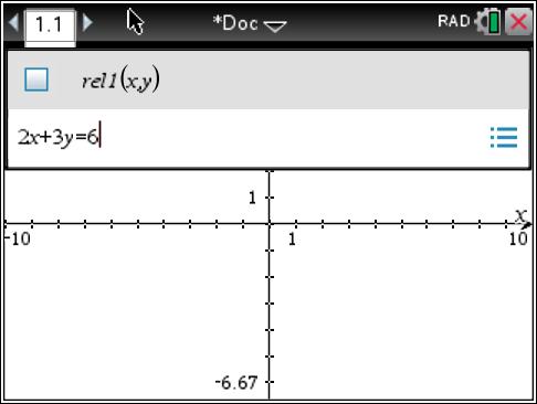Relation feature (continue) Example 1:, Graph x 3y 6 Use the relation feature, type x 3y 6, and press enter.