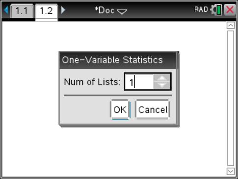 First, insert a Calculator page by pressing the ctrl key then insert page (insert page is the secondary feature of the doc key). Press Menu, select 1:Stat Calculations, and 1:One-Variable Statistics.
