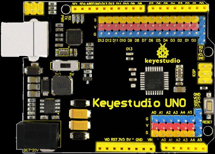 Signal Pin Configuration on the Keyestudio UNO. Most yellow pins are I/O pins (Input/Output) that can send (write) or receive (read) signals and can be controlled with code.