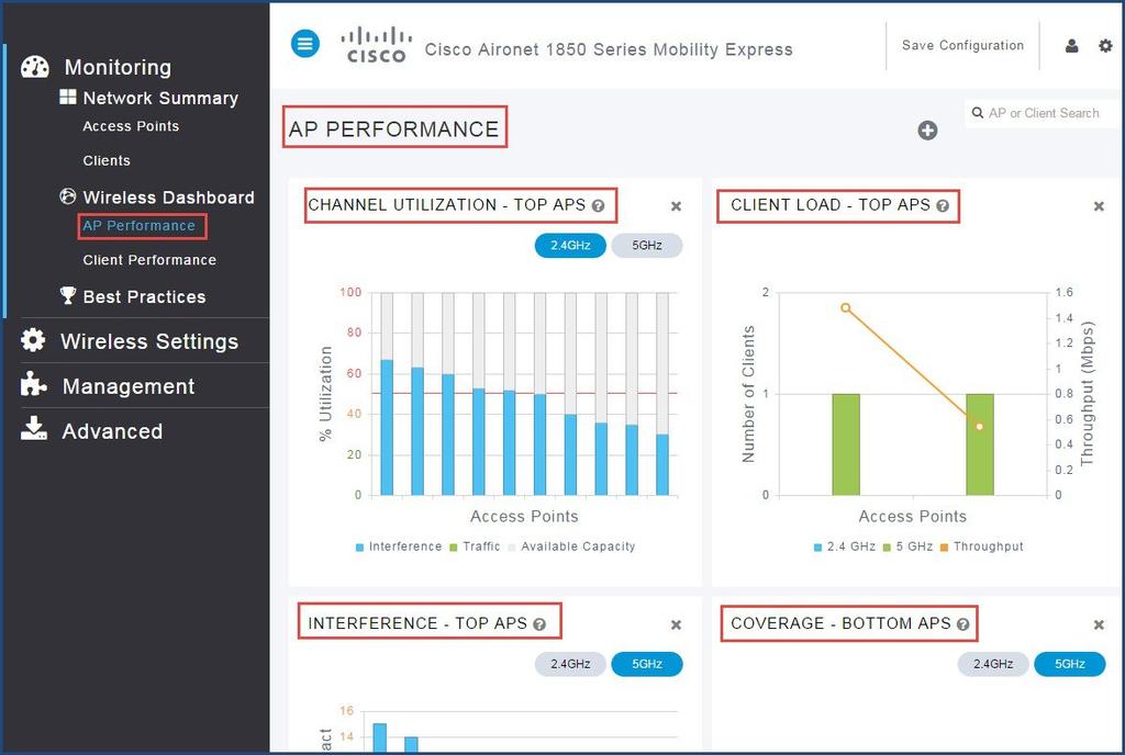 Viewing Client Performance To access AP Performance dashboard, choose Monitoring > AP Performance.