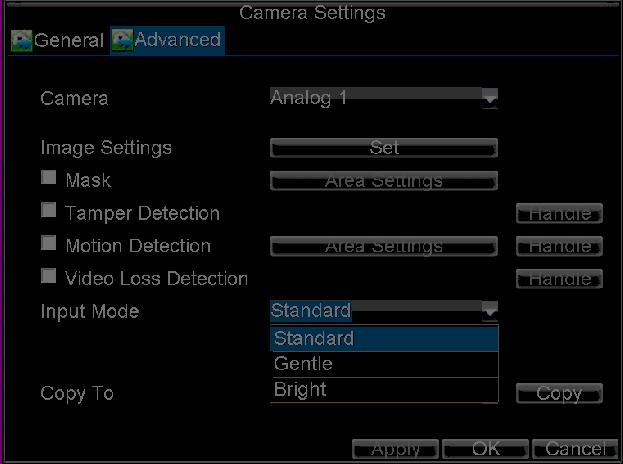 4. Select OK to save settings and exit the current menu. To configure the video input mode settings: 1. Click Menu > Settings > Camera to enter the Camera Settings menu. 2.