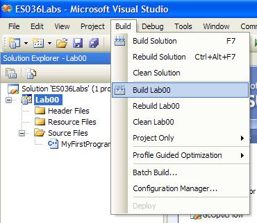 2. Select the option Build 2 Lab00 (assuming that Lab00 is the name of your project). 3. A lower window will show the results of this process. (As it is, MyFirstProgram_v1.