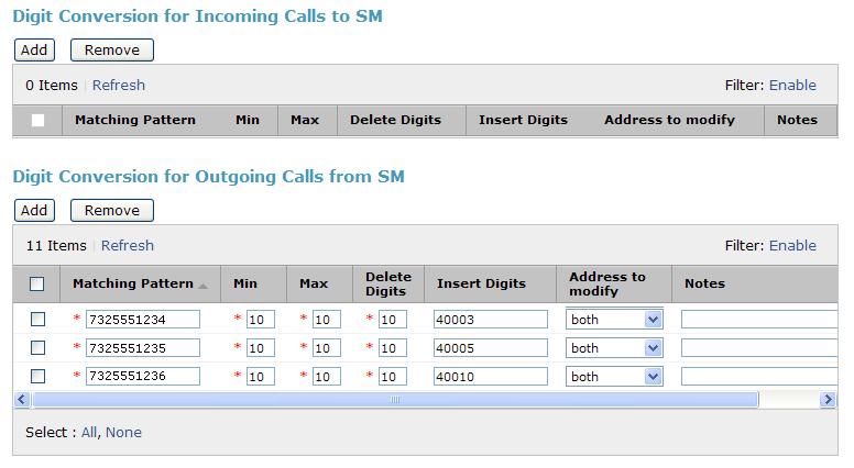 To map inbound DID numbers from OneStream to Communication Manager extensions, scroll down to the Digit Conversion for Outgoing Calls from SM section. Create an entry for each DID to be mapped.