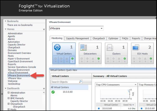 Figure 31. Once the setup complete, click the VMware Environment option under the Homes tab of the Foglight management GUI. 8. The Creating agents in progress status will be displayed for 2 3 minutes.