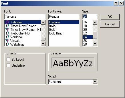 Font dialog for selecting fonts, styles and