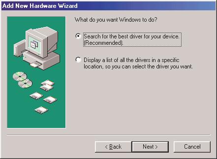 Windows 98/SE 1. Windows 98/SE will detect the addition of new hardware and display the following message: 2. Click Next.