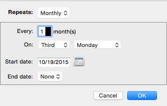 1 for every week or month In the Start date, select a start date In the End date, make a selection Click OK The illustration shows a recurrence