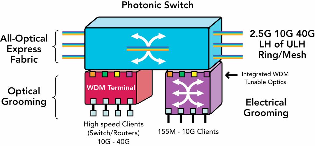 Optimizing cost in reconfigurable WDM Hybrid ROADM combines OOO & OEO technology Routes wavelength services 155Mb to 10G anywhere on the network Electrical grooming optimizes wavelength