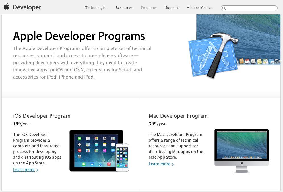 6. Otherwise, click Join a Program in the lower-left corner of the dialog and the Apple Developer Program Page will be displayed in the default web browser: 7.