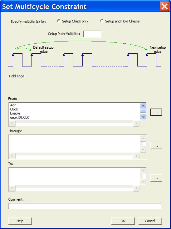 Figure 135 Set Multicycle Constraint Dialog Box 8. Click the browse button for Through and To and add the appropriate pins.