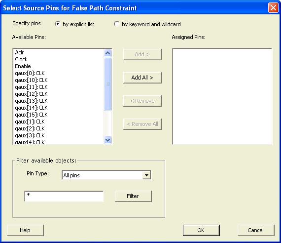 Figure 137 Select Source Pins for False Path Constraint Dialog Box 3. Select by explicit list. (Alternatively, you can select by keyword and wildcard.