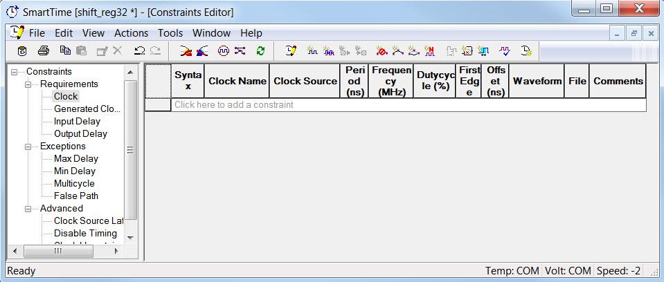 In the Design Flow window double-click Create/Edit Timing Constraints to open the Constraints Editor (as shown in the