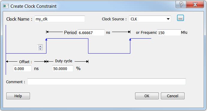 Figure 8 Create Clock Constraint Dialog Box 3. From the Clock Source dropdown menu choose the CLK pin. 4.
