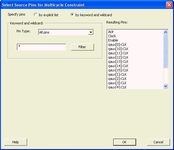 Set False Path Constraint Dialog Box Figure 158 Select Source Pins for Multicycle (Specify pins by keyword and wildcard) Dialog Box Pin Type Specifies the filter on the available pins.