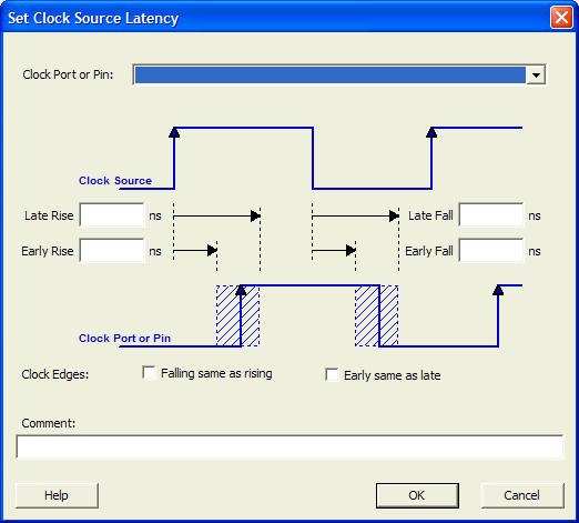Set Clock Source Latency Dialog Box To open the Set Clock Source Latency dialog box (shown below) from the Timing Analysis View, you must first create a clock constraint.