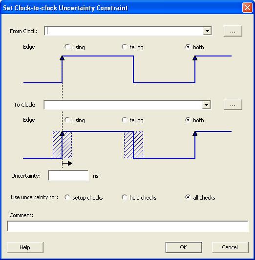 Figure 162 Clock-to-Clock Uncertainty Constraint Dialog Box From Clock Specifies clock name as the uncertainty source.