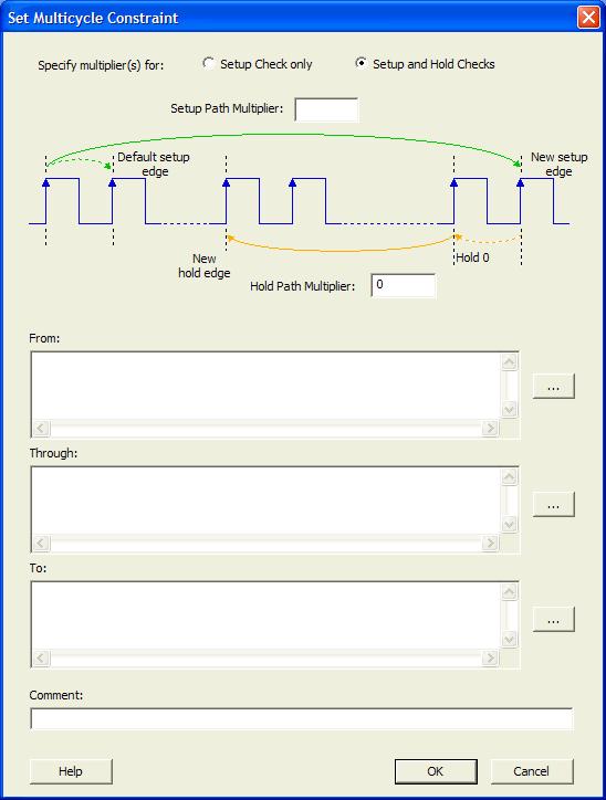 Set Multicycle Constraint Dialog Box Figure 168 Set Multicycle Constraint Dialog Box with Setup and Hold Checks Selected Hold Path Multiplier Specifies an integer value that