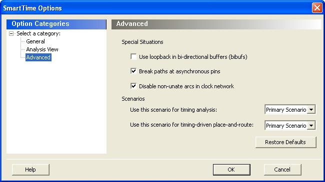 Advanced Special Situations Figure 173 SmartTime Options - Advanced Dialog Box Enables you to specify if you need to use loopback in bi-directional buffers (bibufs) and/or break paths at asynchronous