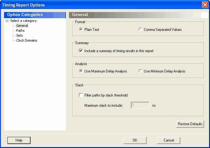 Timing Report Options Dialog Box General Format Figure 181 Timing Report Options - General Dialog Box Specifies whether or not the report will be exported as a Comma Separated Value (CSV) file or a