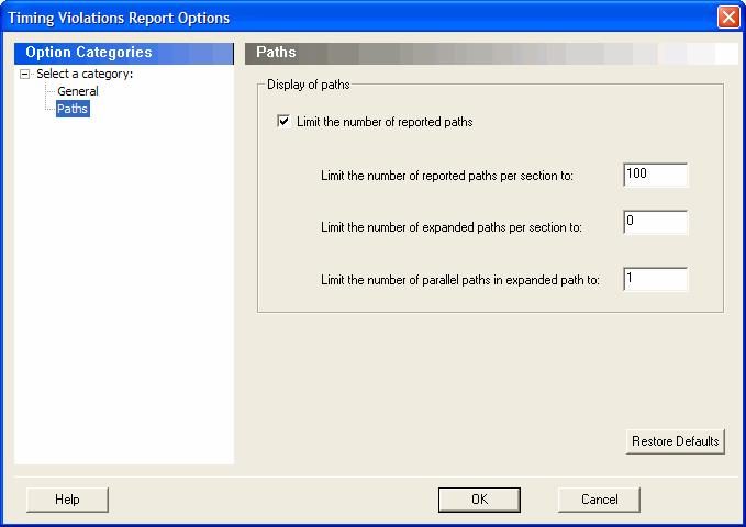 Paths Display of paths Figure 186 Timing Violations Report - Paths Dialog Box Limit the number of reported paths: Check this box to limit the number of paths in the report.