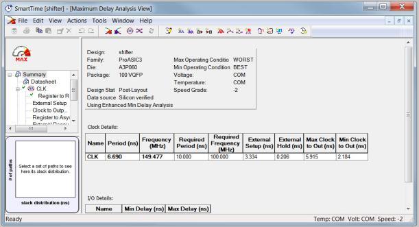 Maximum Delay Analysis with Timing Analyzer - Design Using Both Clock Edges Maximum Delay Analysis with Timing Analyzer - Design Using Both Clock Edges The SmartTime Maximum Delay Analysis window