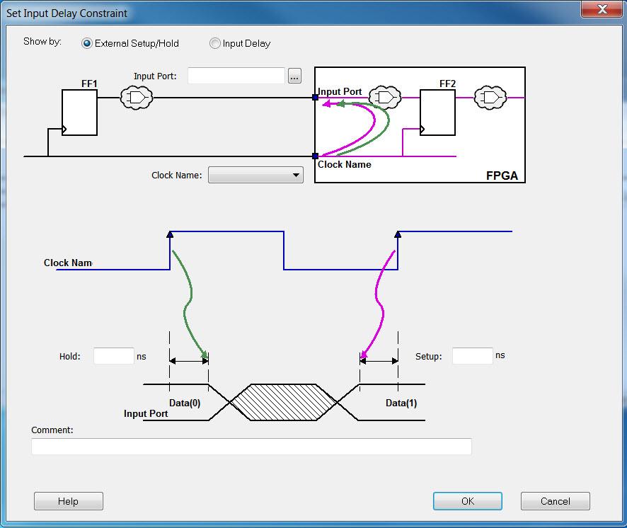 Figure 37 Set Input Delay Constraint Dialog Box 2. Click Show by: External/Setup Hold. 3. Select the Input port for the input delay constraint.