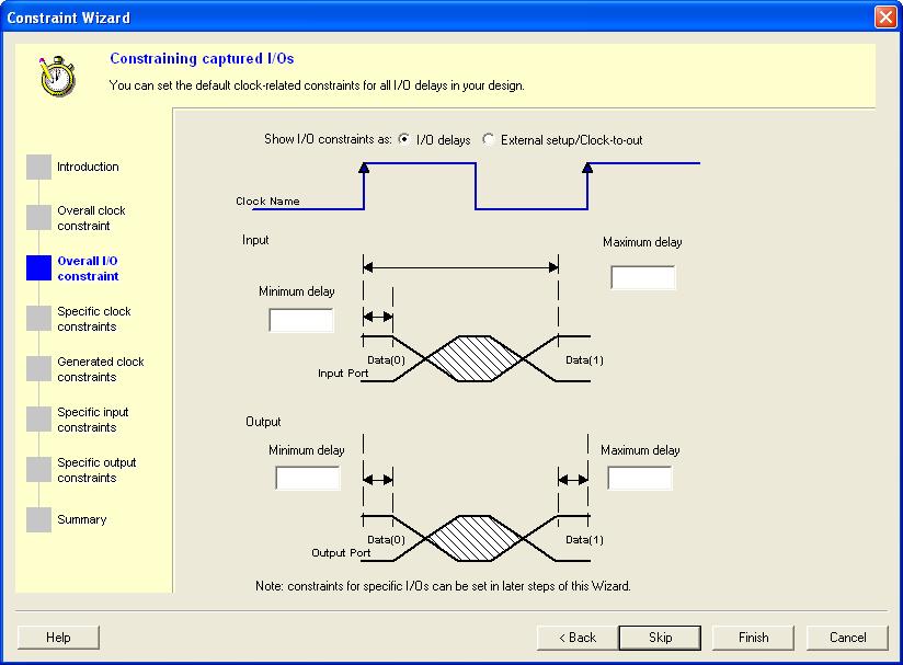 Overall I/O Constraint Figure 86 Constraint Wizard Overall I/O Constraint In this window you can set a default constraint for all I/Os in the design.