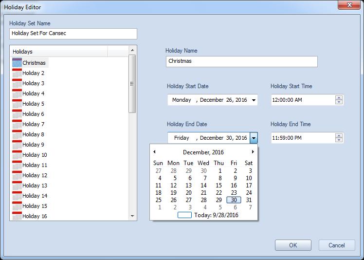 Use the arrows to select the month and the desired date for Holiday Start Date and enter the time