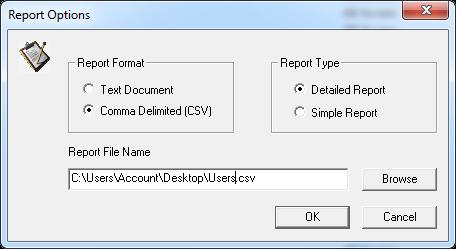 To top left menu, select File->Report 3. Select Comma Delimited (CSV) and select Detailed Report 4. Click Browse to select a location to save the csv report file to. Enter a name for the file e.g.