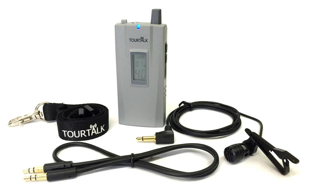 Tourtalk TT 40-T Transmitter The transmitter is used by the guide. It has an integrated microphone, a microphone input socket and an aux input socket.